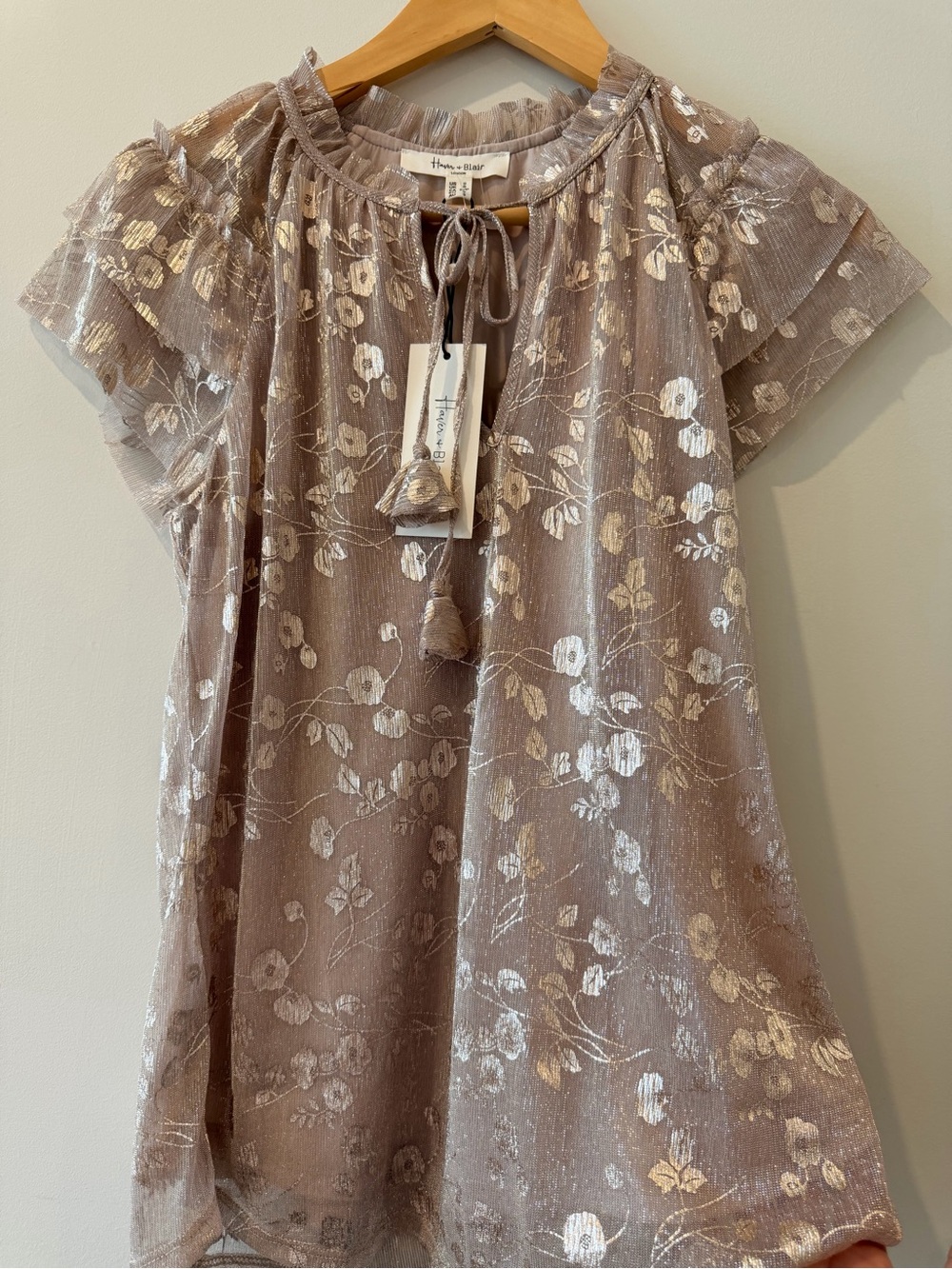 Taupe Metallic Floral Tie-Neck Blouse